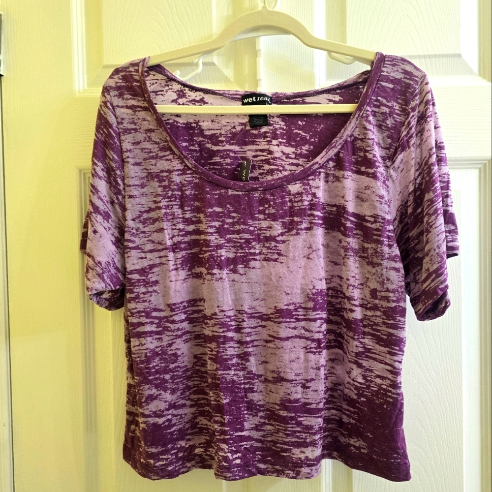 Wet Seal XL Purple Translucent Tye Dye Crop Top Short Sleeve Tee NWT